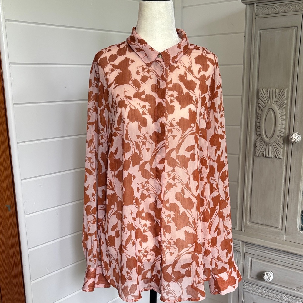 “a new day”. Pink and Brown Floral Blouse, Size XXL, like new